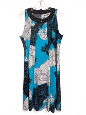 Another Thyme Midi Dress Sleeveless Turquoise Paisley Beaded Neckline 14 Party